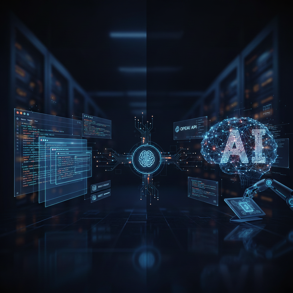 Futuristische Studio-Szene mit Code, KI-Gehirn und Roboterarm – Symbol für Webentwicklung und KI.