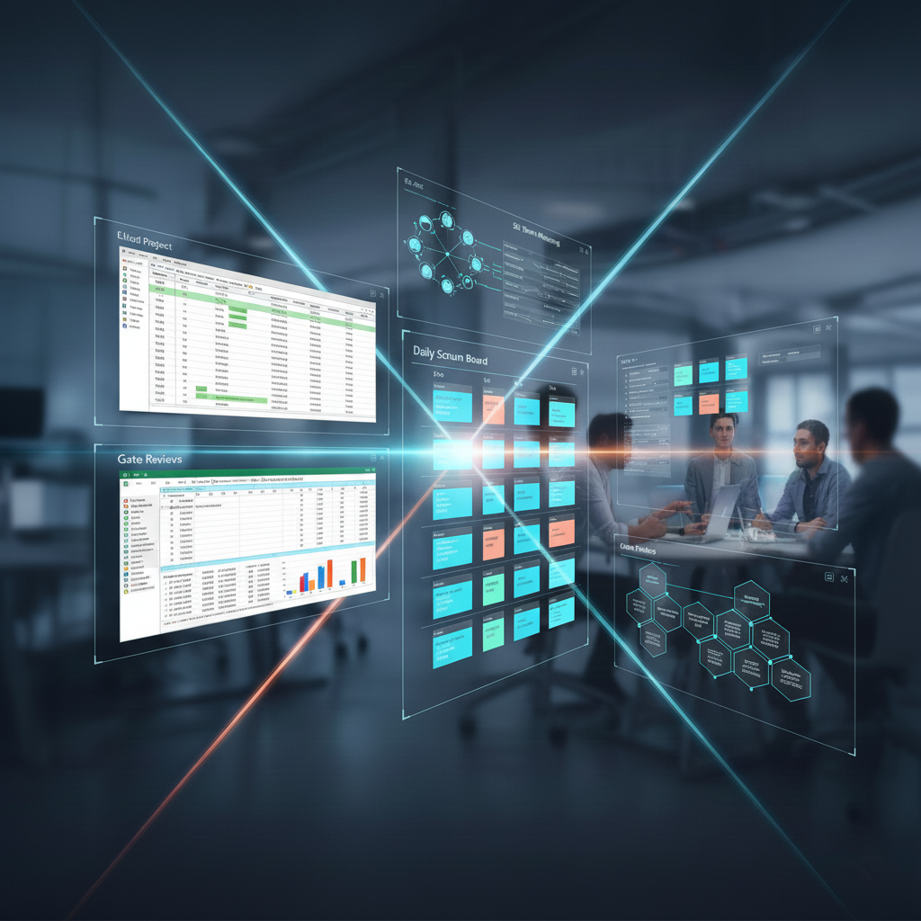 Büro mit einem Team im Hintergrund überlagert mit Hologrammen, die PM-Software-Varianten darstellen – klassisch und agil.